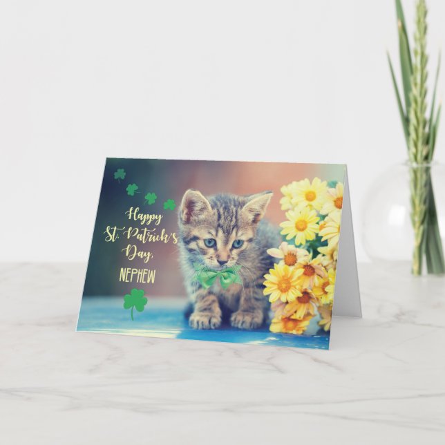 Nephew St. Patrick’s Day Kitten w/ Yellow Daisies Card (Front)