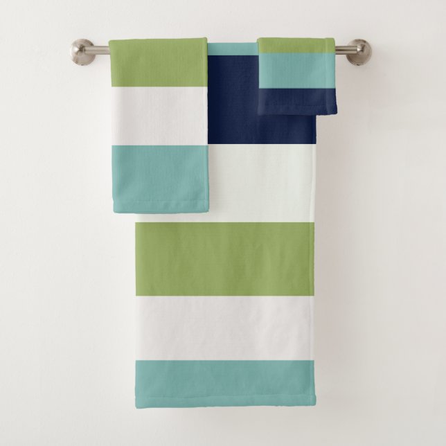 Neptune, Seashell, Green and Navy Stripes Bath Towel Set (Insitu)