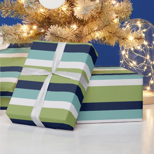 Neptune, Seashell, Green and Navy Stripes  Wrapping Paper (Holidays)