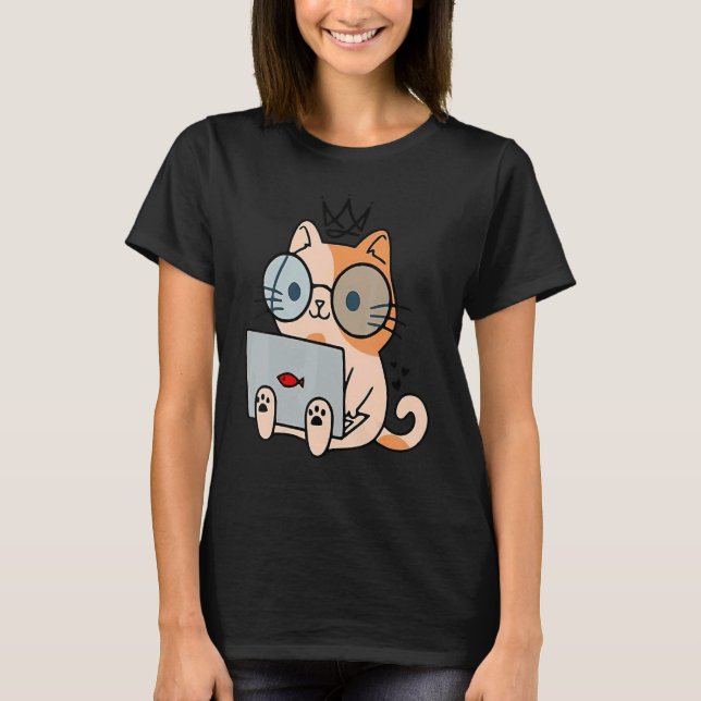 Nerd Ca  Cat Working With Laptop  For Cat T-Shirt (Front)