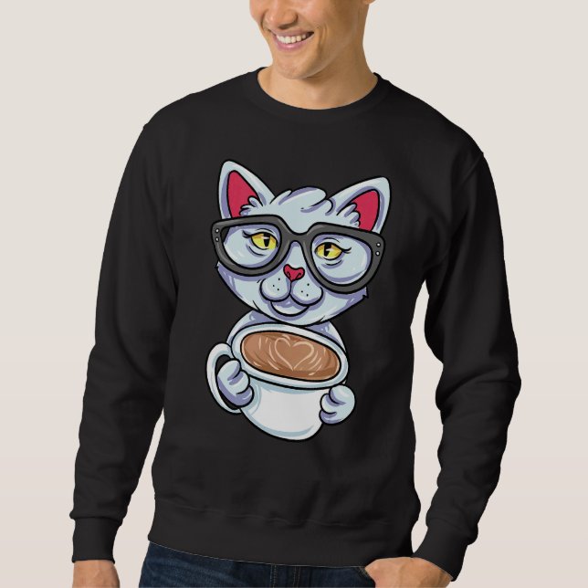Nerd Cat Drinking Coffee Sweatshirt (Front)