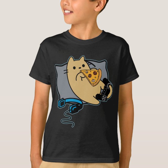 Nerdy Gamer Cat Eating Pizza Game Loading T-Shirt (Front)