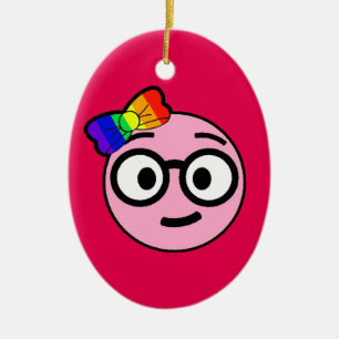 Nerdy Girl Emoji with Glasses and Rainbow Bow Ceramic Ornament