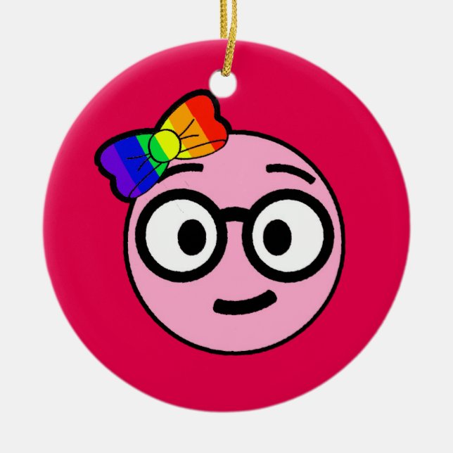Nerdy Girl Emoji with Glasses and Rainbow Bow Ceramic Ornament (Front)