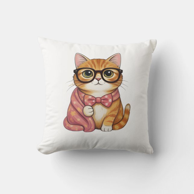 Nerdy Orange Cat Bow Tie Tee Throw Pillow (Front)