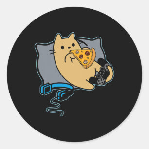 Nerdy Pizza Eating Gamer Cat Game Paused Classic Round Sticker