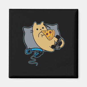 Nerdy Pizza Eating Gamer Cat Game Paused  Magnet