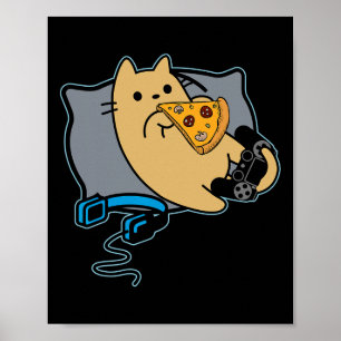 Nerdy Pizza Eating Gamer Cat Game Paused  Poster