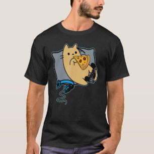 Nerdy Pizza Eating Gamer Cat Game Paused T-Shirt
