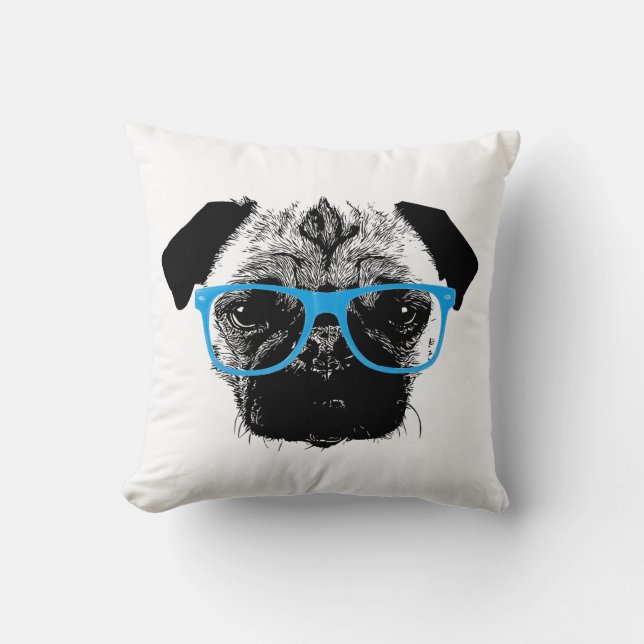 Nerdy Pug in Blue Glasses Hipster Throw Pillow (Front)