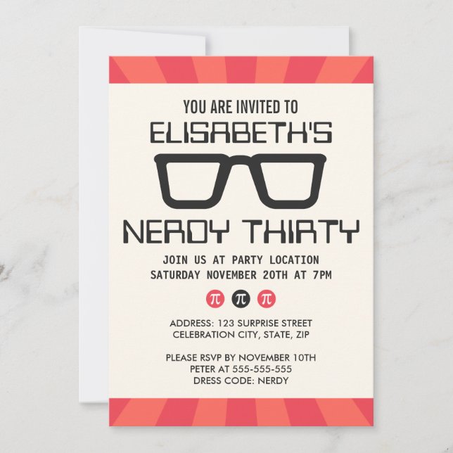 Nerdy thirty birthday party with geeky glasses invitation (Front)