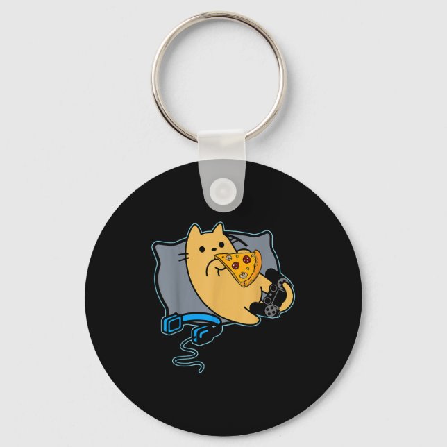 Nerdy Zza Eating Gamer Cat Game Paused  Keychain (Front)