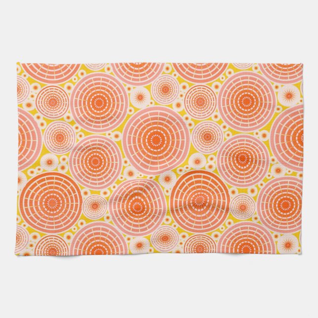 Nested wheels - orange and gold kitchen towel (Horizontal)