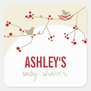Nesting Bird Family On Branches Modern Baby Shower Square Sticker