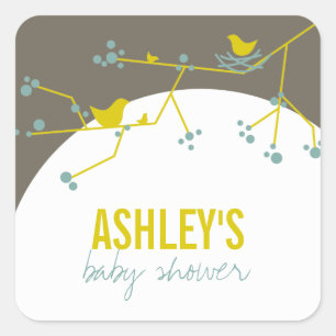 Nesting Bird Family On Branches Modern Baby Shower Square Sticker