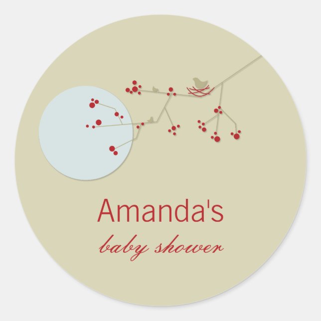 Nesting Bird Family On Branches Simple Baby Shower Classic Round Sticker (Front)