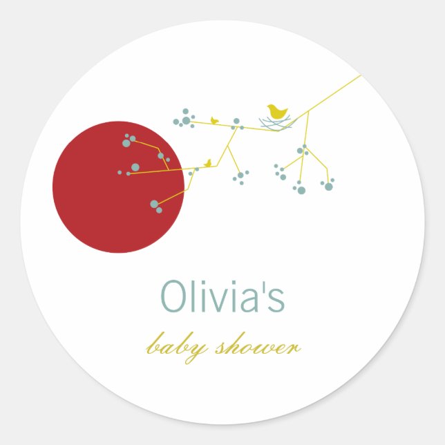 Nesting Bird Family On Branches Simple Baby Shower Classic Round Sticker (Front)