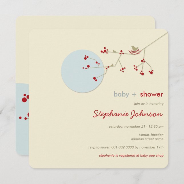 Nesting Bird Family Tree Simple Chic Baby Shower Invitation (Front/Back)