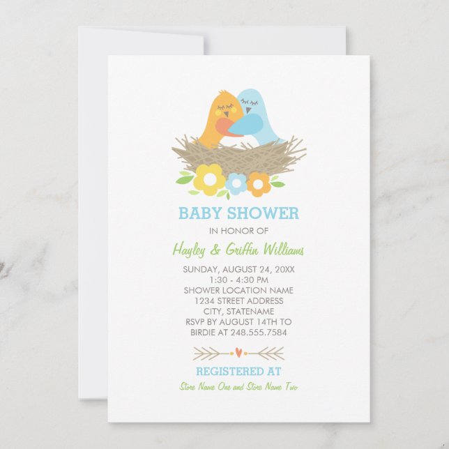 Nesting Birds Spring Baby Boy Shower Blue Orange Invitation (Front)
