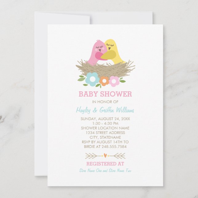 Nesting Birds Spring Baby Girl Shower Pink Yellow Invitation (Front)