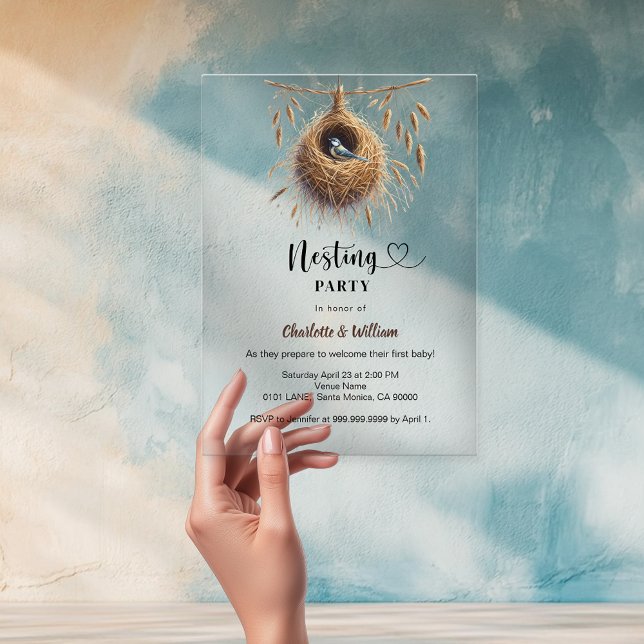 Nesting party bird nest boho baby shower clear acrylic invitations (Creator Uploaded)