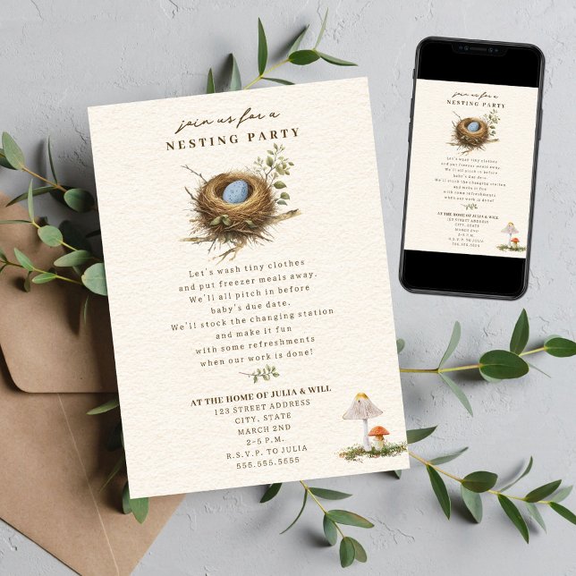 Nesting Party Woodland Mushroom Boy Blue Baby Invitation (Creator Uploaded)