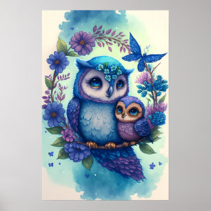 Nestling - Mama & Baby Owl Poster Print