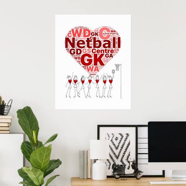 Netball Positions Typography Heart Design Poster (Home Office)