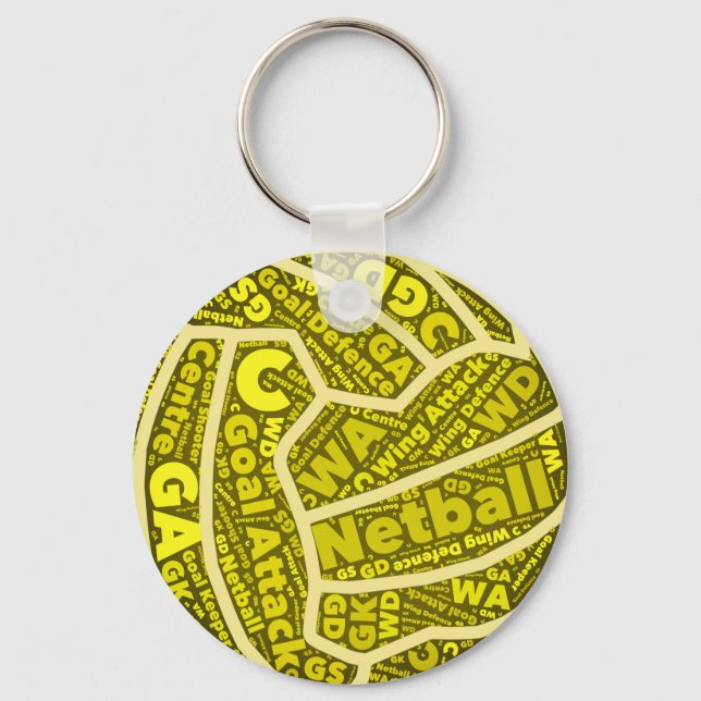 Netball Themed Yellow Typography Ball Design Keychain (Front)