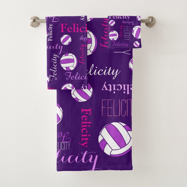 Netballs sports pink purple white custom name bath towel set (Insitu)