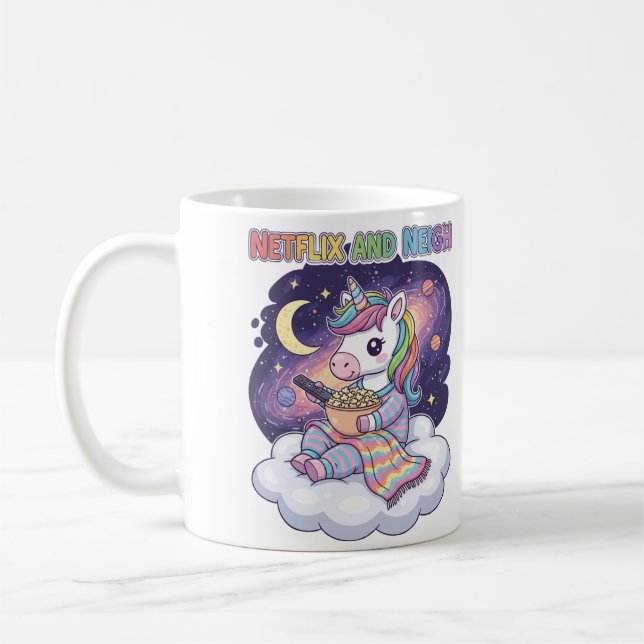 Netflix and Neigh Unicorn Cartoon Coffee Mug (Left)