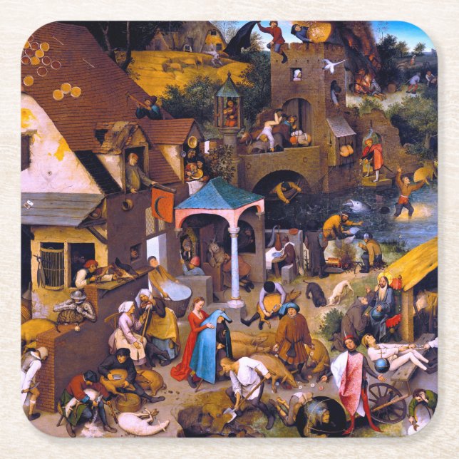 Netherlandish Proverbs, Pieter Bruegel the Elder Square Paper Coaster (Front)