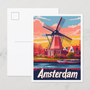 Netherlands Amsterdam Vintage Travel Illustration Postcard