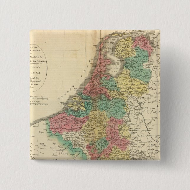 Netherlands, Beligium Atlas Map 2 Inch Square Button (Front)