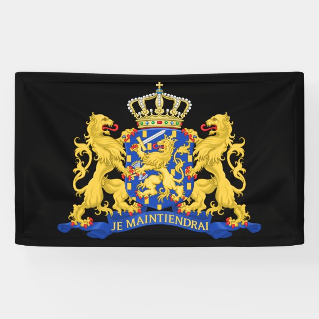 Netherlands Coat of Arms on Black bnrt Banner (Horizontal)