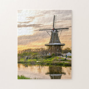 Netherlands Holland Europe Wind Mills Lake Sunset Jigsaw Puzzle