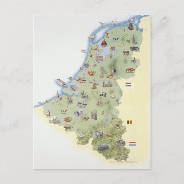 Netherlands, map showing distinguishing features postcard (Front)