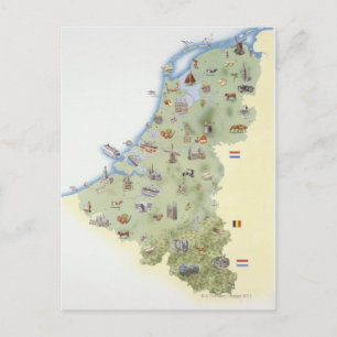 Netherlands, map showing distinguishing features postcard