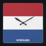 Netherlands National Flag Patriotic Square Wall Clock<br><div class="desc">Netherlands National Flag Patriotic Square Wall Clock with the country flag in the national colours printed all over the clock. Country name is subtly integrated in the design on the bottom. Text is fully customizable using "Customize it!" feature. This charming design is the stunning gift and the great show piece...</div>