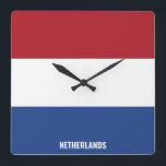 Netherlands National Flag Patriotic Square Wall Clock<br><div class="desc">Netherlands National Flag Patriotic Square Wall Clock with the country flag in the national colours printed all over the clock. Country name is subtly integrated in the design on the bottom. Text is fully customizable using "Customize it!" feature. This charming design is the stunning gift and the great show piece...</div>