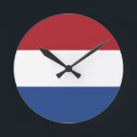netherlands round clock<br><div class="desc">Flag of the Netherlands. The flag of the Netherlands is a horizontal tricolour of red, white, and blue. It harks back to Charlemagne's time. Variants of the flag have been in use since 1572 and in 1937 the flag was officially formalized as the national flag of the Netherlands and of...</div>