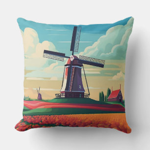 Netherlands Tulip Field Windmill Dutch Flag Travel Throw Pillow