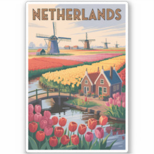 Netherlands Tulips Illustration Travel Art Vintage