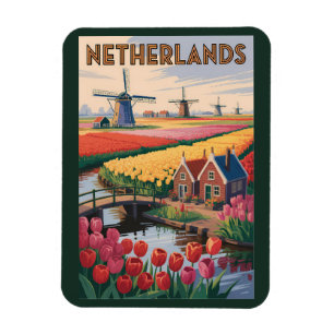 Netherlands Tulips Illustration Travel Art Vintage Magnet