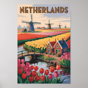 Netherlands Tulips Illustration Travel Art Vintage Poster