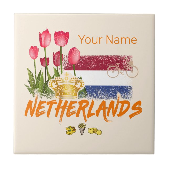 Netherlands Vintage Holland Flag and Dutch Tulip Tile (Front)