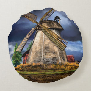 Netherlands Windmill Landscape Round Pillow