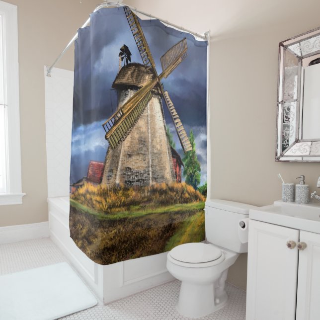 Netherlands Windmill Landscape Shower Curtain (In Situ)