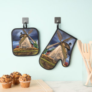 Netherlands Windmill Oven Mitt & Pot Holder Set