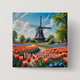 Netherlands Windmill & Tulips 2 Inch Square Button